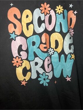 Source Unknown Black Tee with Pastel 'Second Grade Crew' Graphic
